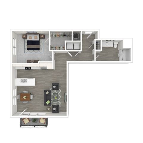 Modern L-shaped floor plan featuring a spacious bedroom, open-concept kitchen and living area, walk-in closet, and stylish balcony.