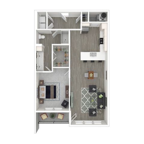Modern 3D floor plan with spacious bedroom, elegant open-concept kitchen, and cozy living room, perfect for stylish living.