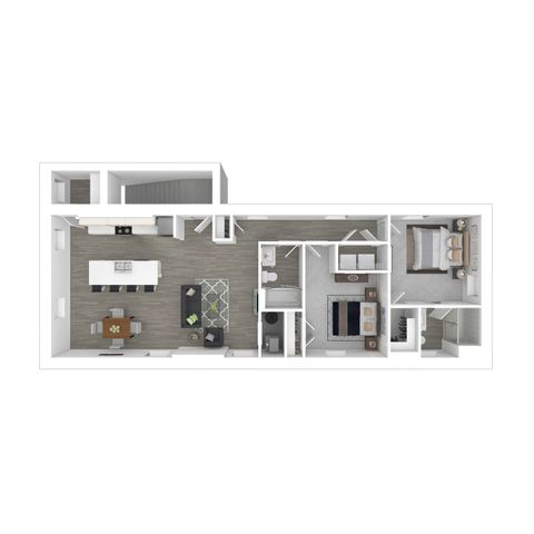 Modern floor plan showcasing two bedrooms, an open kitchen, and a cozy living area.