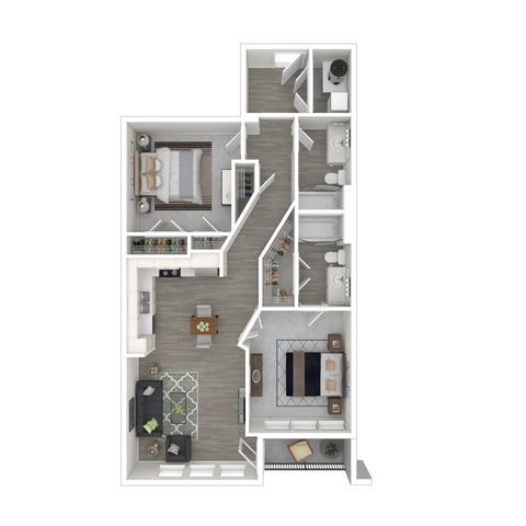 Modern floor plan showcasing 2 bedrooms, open-concept living area with kitchen, and two stylish bathrooms.