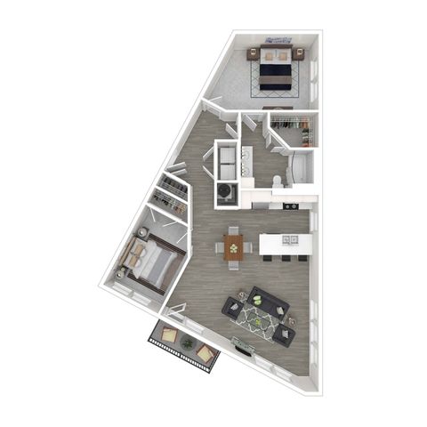 Modern 3D floor plan showcasing a spacious 2-bedroom apartment with an open-concept kitchen and living area, featuring elegant finishes and natural light.