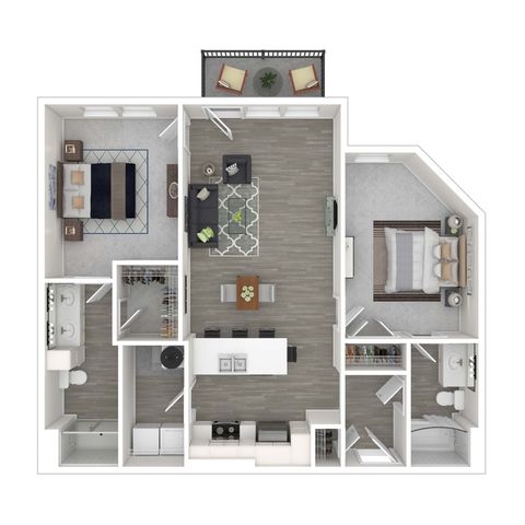 Modern floor plan showcasing two spacious bedrooms, sleek open-concept kitchen with island, inviting living area, and elegant balcony space.