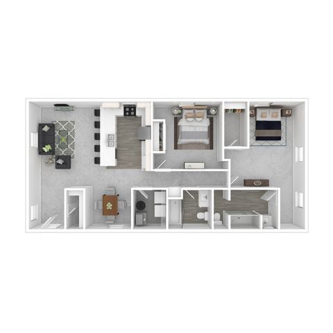 Chic floor plan layout displaying 2 stylish bedrooms, a modern kitchen with breakfast bar, and a cozy living area.