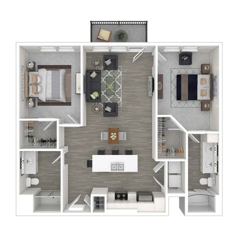 Modern floor plan featuring 2 spacious bedrooms, an open living area, elegant kitchen island, and a private balcony.