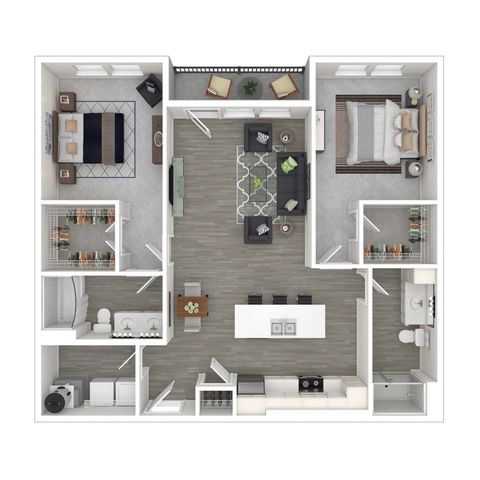 Modern floor plan showcasing two bedrooms, spacious living area, open kitchen with island, and two bathrooms. Includes a cozy balcony, perfect for relaxation.