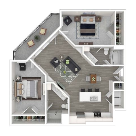 Modern floor plan featuring two bedrooms, a spacious open-concept living and dining area, a sleek kitchen with an island, and a cozy balcony.