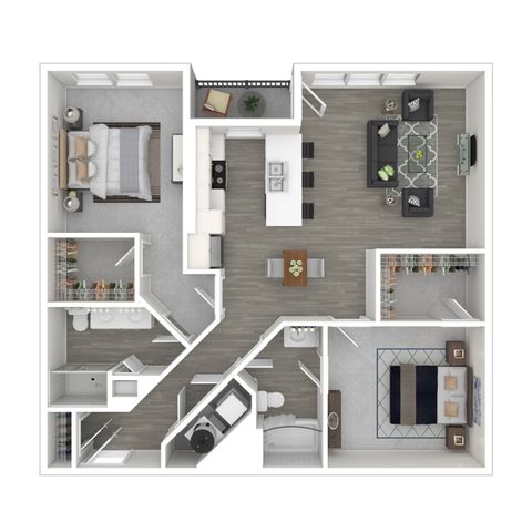 Modern 3D floor plan showcasing two bedrooms, a spacious open-plan living and dining area, sleek kitchen, and two luxurious bathrooms.