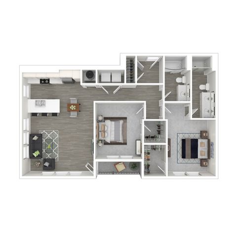 Modern 3D floor plan showcasing 2 bedrooms, a cozy living area, a sleek kitchen with island, and 2 stylish bathrooms.