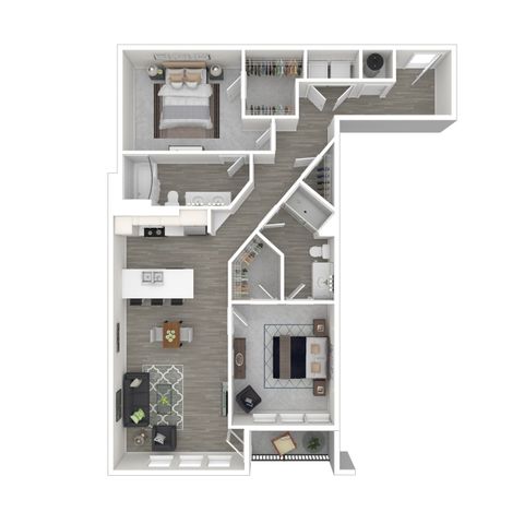 Inviting 3D floor plan showcasing a modern apartment with a spacious bedroom, stylish bathroom, open-concept kitchen, and cozy living room with natural light.