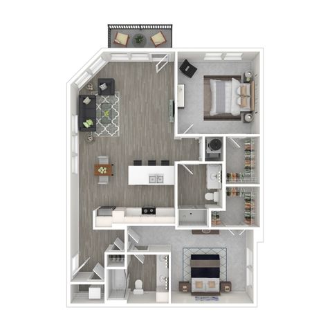 Contemporary 3D floor plan showcasing 2 bedrooms, an open-concept living area, modern kitchen with island, and private balcony.