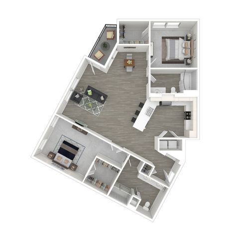 Modern 3D floor plan with two cozy bedrooms, spacious living area, sleek kitchen, and private balcony.