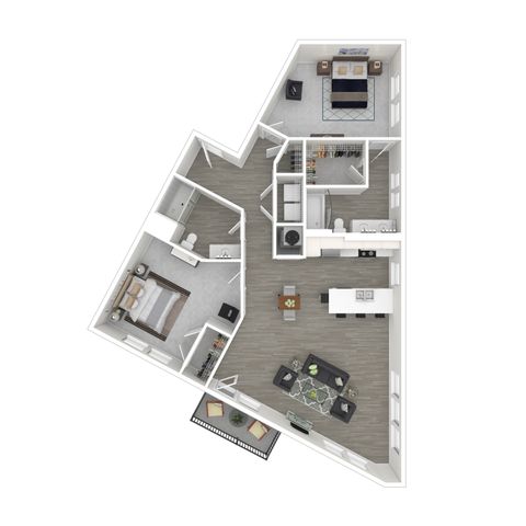 Modern 3D floor plan showcasing two bedrooms, open living area, sleek kitchen, and stylish balcony space.