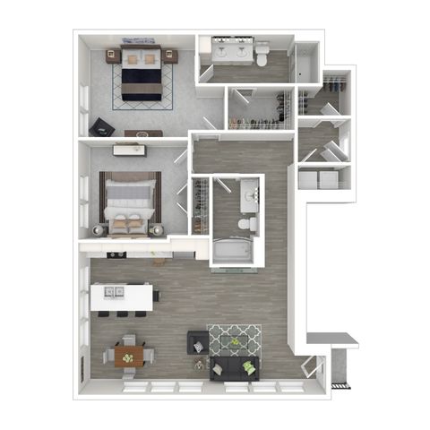 Elegant 3D floor plan showcasing 2 bedrooms, an inviting open-concept living area, and a modern kitchen with dining space.