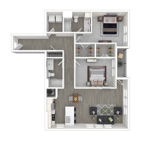 Modern floor plan showcasing 2 spacious bedrooms, an elegant open-concept kitchen, and a cozy living area with ample natural light.