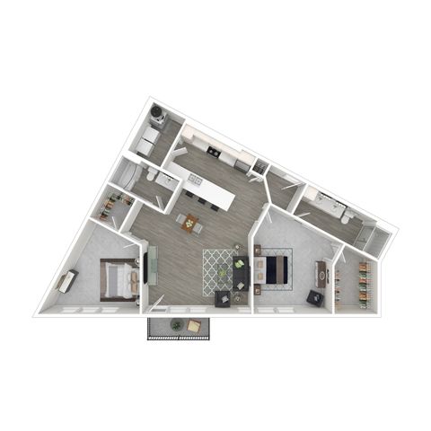 Contemporary floor plan showcasing a uniquely angled layout with a spacious bedroom, open-concept living and dining area, sleek kitchen, and two modern bathrooms.