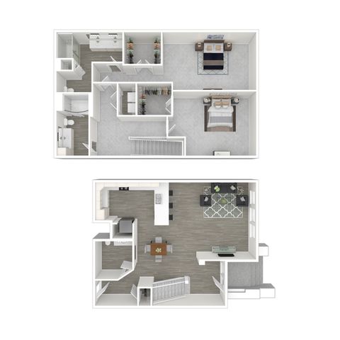 Chic two-story floor plan featuring 2 spacious bedrooms, an elegant open-concept living area, modern kitchen, and stylish bathrooms.