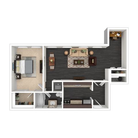 Modern floor plan featuring a spacious bedroom, open living area with hardwood flooring, cozy dining nook, and a sleek kitchen with contemporary amenities.
