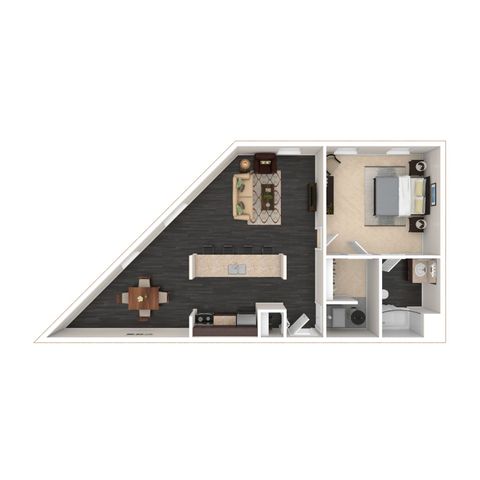 Innovative floor plan featuring a modern one-bedroom layout with a spacious living area, gourmet kitchen, and stylish bathroom.