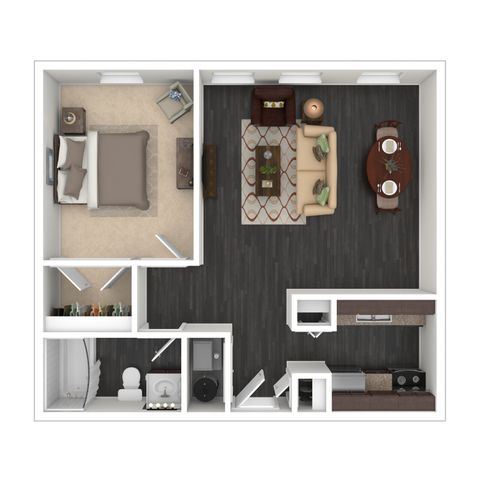 Chic floor plan showcasing a cozy one-bedroom, elegant living area, and modern kitchen with stylish dining space.
