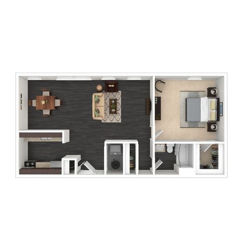 Modern 1-bedroom apartment floor plan with open living-dining area, sleek kitchen, and stylish bathroom.