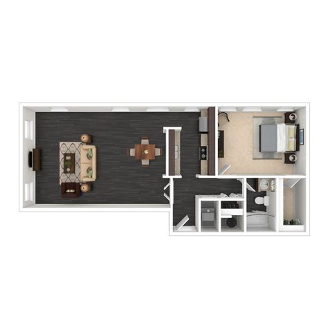 Modern floor plan showcasing a single-bedroom apartment with spacious open-plan living and dining area, sleek kitchen, and contemporary bathroom.