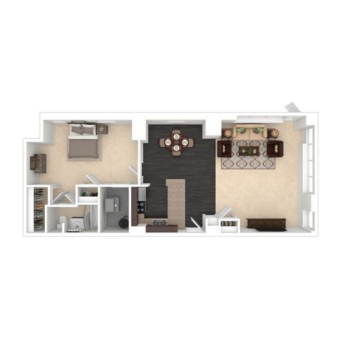 Modern 3D floor plan showcasing a spacious one-bedroom apartment with an open-concept kitchen, dining area, elegant living space, and luxurious bathroom.
