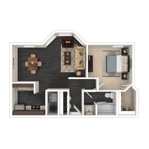 Elegant floor plan showcasing a one-bedroom apartment with a spacious open-concept living and dining area, modern kitchen, and sleek bathroom design.