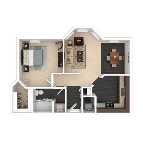 Elegant 1-bedroom floor plan with an open-concept living and dining area, modern kitchen, and spacious bathroom.