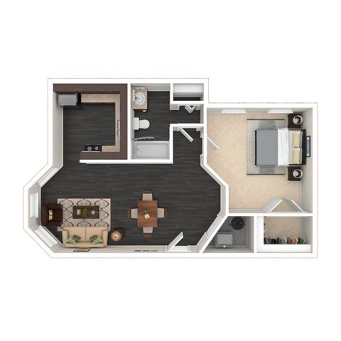 Charming 1-bedroom floor plan with a cozy living and dining area, modern kitchen, and sleek bathroom.