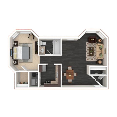 Modern 3D floor plan showcasing a 1-bedroom apartment with spacious living area, cozy kitchen, and elegant bathroom layout.