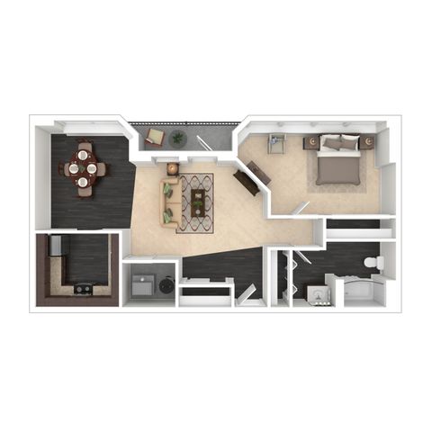Modern floor plan showcasing 1 bedroom, a stylish living area, separate dining space, and an efficient kitchen layout.