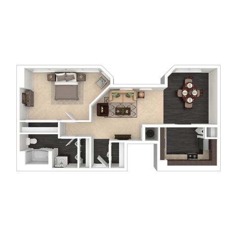 Charming 1-bedroom apartment floor plan with a cozy living room, modern kitchen, elegant dining area, and a sleek bathroom.