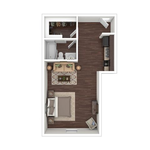 Chic open-concept floor plan featuring studio layout with a stylish kitchen, cozy living area, and modern bathroom.