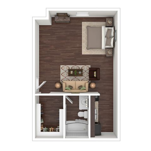 Contemporary studio floor plan with an open layout, showcasing a cozy bedroom, modern living area, stylish kitchen, and a sleek bathroom.
