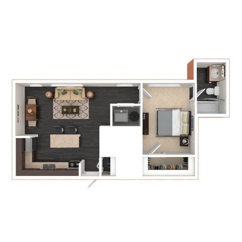 Chic 1-bedroom apartment floor plan with modern open-concept living area, sleek kitchen, and cozy bathroom.
