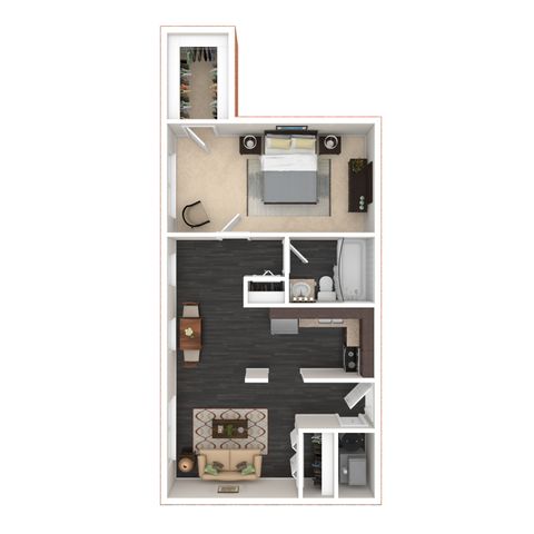 Modern 1-bedroom apartment floor plan with a cozy living area, stylish kitchen, and elegant bathroom.