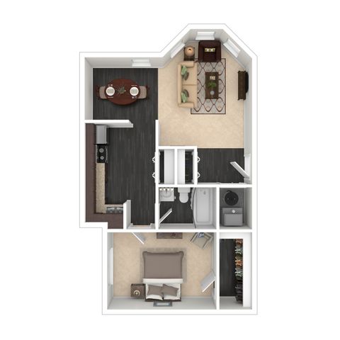 Modern floor plan showcasing a spacious one-bedroom apartment with open-concept living and dining area, stylish kitchen, and well-appointed bathroom.