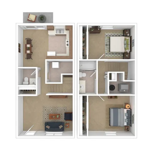 Modern 3D two-level floor plan showcasing a spacious living area, cozy kitchen, two inviting bedrooms, and convenient bathrooms.