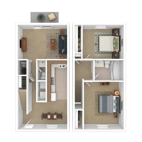 Modern two-story floor plan featuring spacious living room, elegant kitchen, and two cozy bedrooms with convenient bathroom layout.