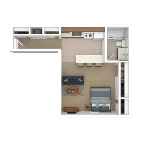 Inviting open-plan layout showcasing a cozy living area with a modern kitchen and bathroom, perfect for stylish city living.
