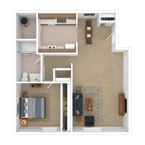 Charming 1-bedroom apartment floor plan with cozy living room, modern kitchen, and spacious bathroom.
