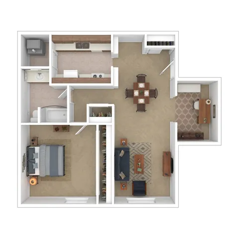 Inviting floor plan showcasing a cozy 1-bedroom layout with an open living dining area, functional kitchen, and a quaint home office space.
