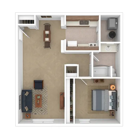 Modern one-bedroom apartment floor plan featuring a cozy bedroom, open-concept living and dining area, functional kitchen, and spacious bathroom.