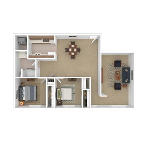 Elegant 3D floor plan showcasing 2 bedrooms, a modern kitchen, and a spacious living room with stylish dining area.
