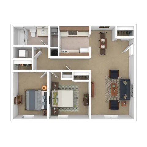 Modern 3D floor plan featuring a cozy 2-bedroom layout with an open-concept living and dining area, sleek kitchen, elegant bathroom, and ample storage space.