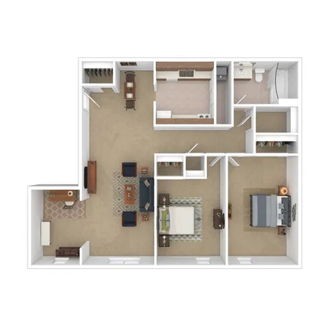 Elegant floor plan showcasing two spacious bedrooms, a cozy living area, modern kitchen, and compact bathroom.