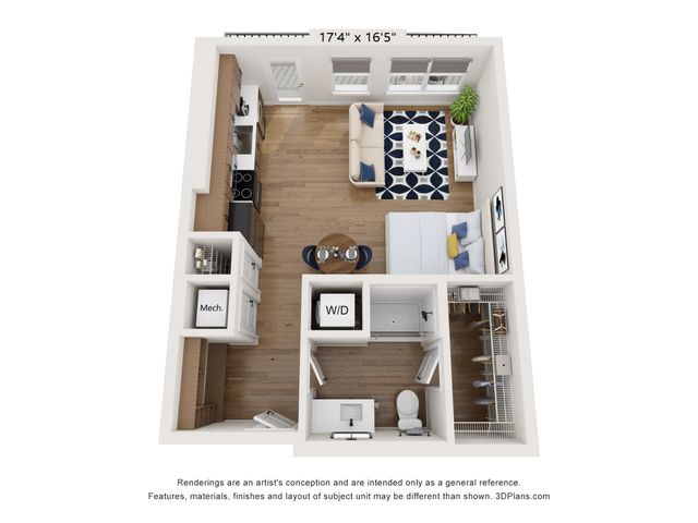 Modern studio floor plan featuring an open living area, compact kitchen, and integrated bedroom with stylish decor.