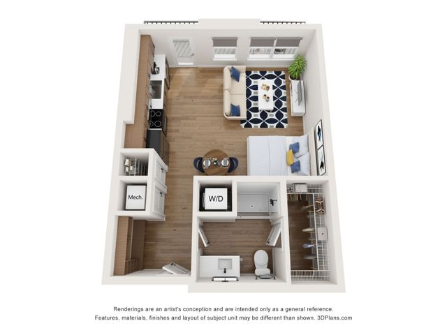 Elegant 3D floor plan featuring a cozy studio layout with an open living area, modern kitchen, and a stylish bathroom.