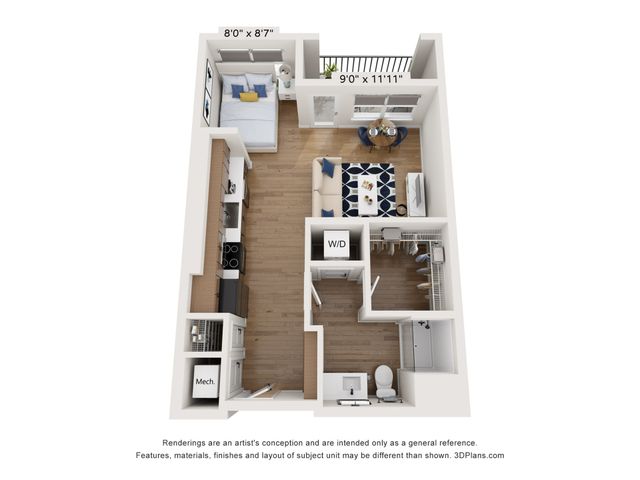 Modern 3D floor plan showcasing a cozy studio apartment with an open-concept living space, stylish kitchen, and inviting balcony.
