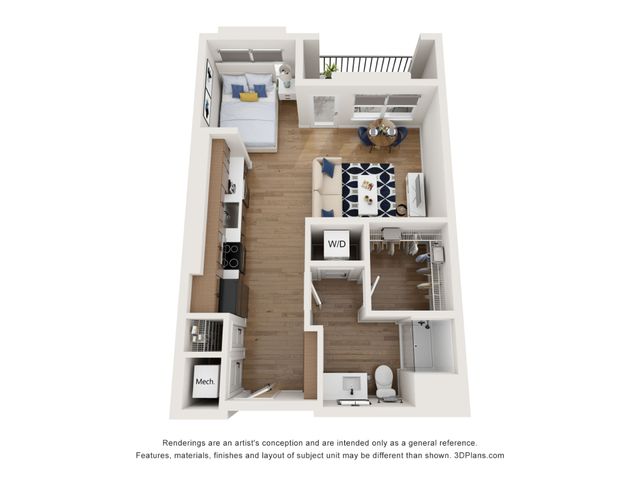 Chic studio apartment floor plan with an open living area, modern kitchen, and cozy sleeping nook.